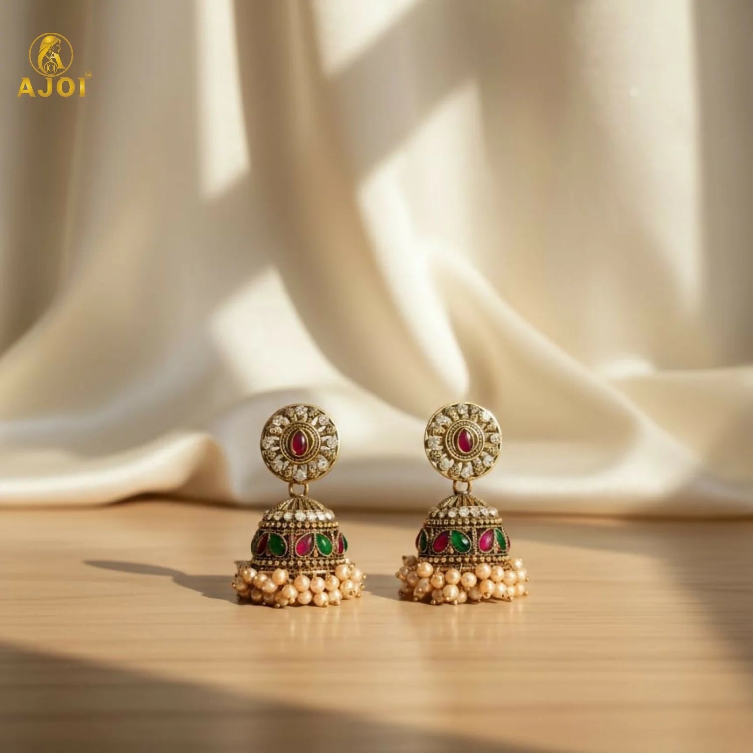 Royal Pearl Drop Antique Gold Jhumka Earrings with Green & Pink Stone Work